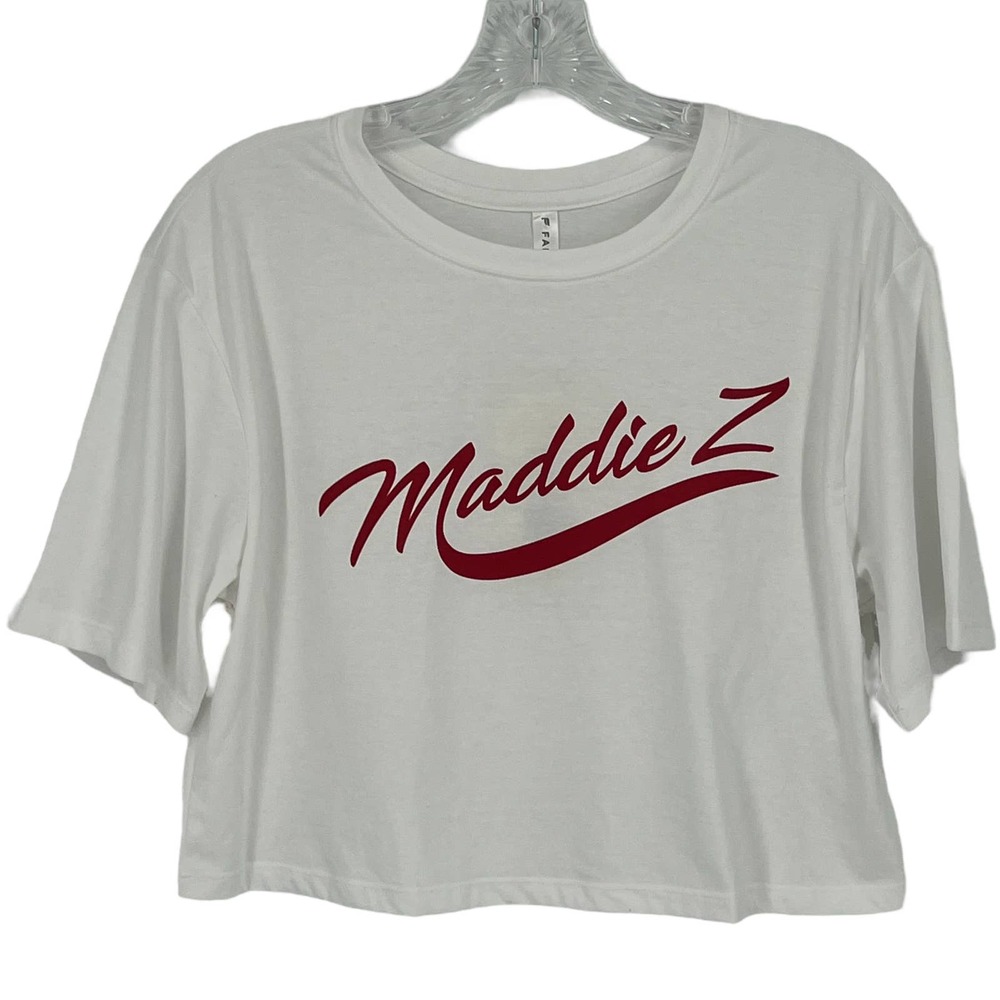 Fabletics Maddie Ziegler Cropped Jade Boxy Tee Womens Size Small White Red New